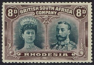 RHODESIA 1910 KGV DOUBLE HEAD 8D GREENISH BLACK AND PURPLE PERF 14