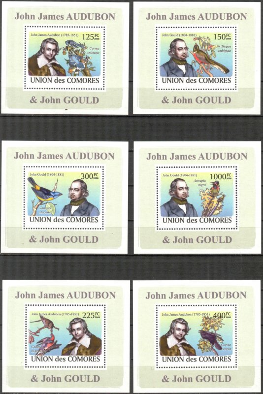 {313} Comoros 2008 Birds J.J. Audubon J. Gould 6 S/S Deluxe MNH**