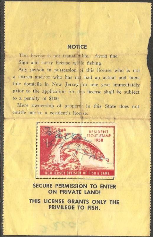 US NJT11 New Jersey Trout Revenue on License - 1958 - Crease