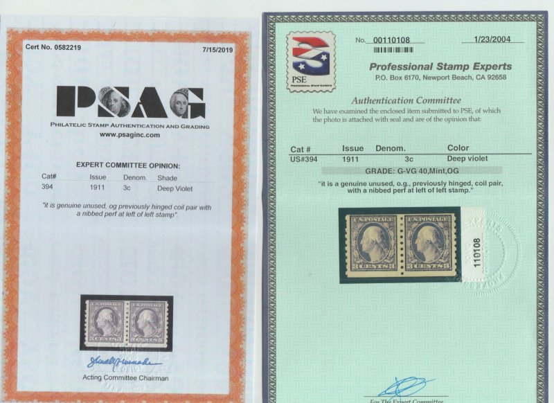 #394 3¢ deep violet, Coil Pair, Mint og, hinged, 2 certificates⭐⭐⭐⭐⭐