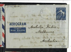 NETHERLANDS COVER (P0212B)  1950  40 O    AEROGRAM  TO AUSTRALIA 