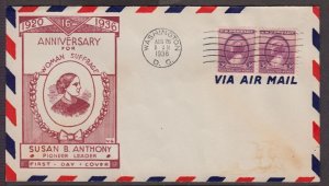 1936 Susan B. Anthony women's suffrage Sc 784-3h VG cachet maroon, airmail env.