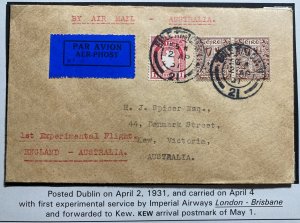 1931 Dublin Ireland First Experimental Airmail Cover FFC To Kew Australia