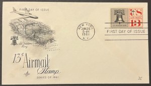 13¢ AIRMAIL STAMP #C62 JUN 28 1961 NEW YORK NY FIRST DAY COVER (FDC) BX5