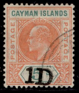 CAYMAN ISLANDS EDVII SG19, 1d on 5s salmon & green, FINE USED. Cat £400.