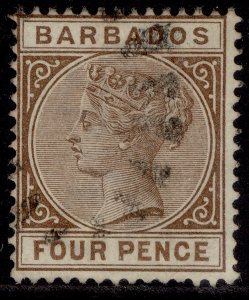 BARBADOS QV SG98, 4d pale brown, FINE USED.