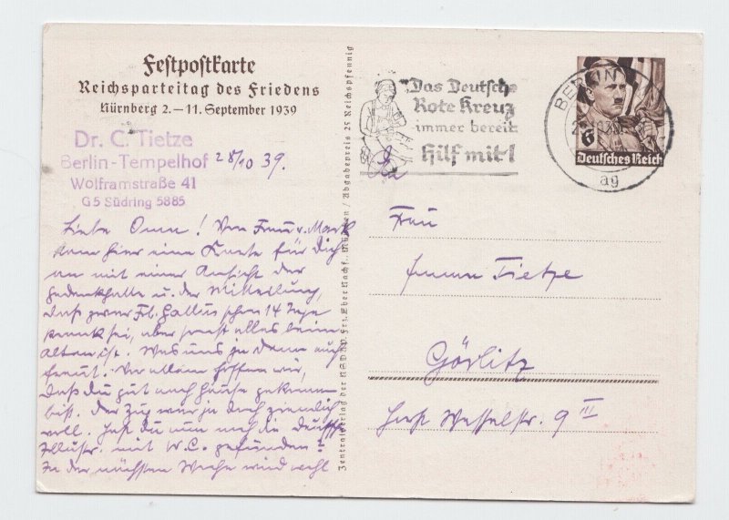 Germany Reich 1939 POSTCARD USED POST BERLIN RED CROSS MARKING