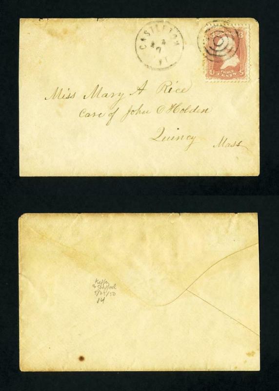 # 65 on cover from Castleton, Vermont to Quincy, Massachusetts from 1860's