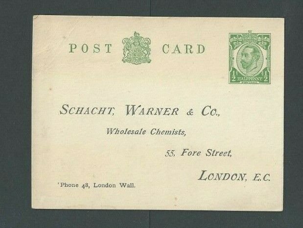 Ca 1912 Great Britain London Thick Stock 1/2 Penny Green 4.5 X 3.5 Unposted---