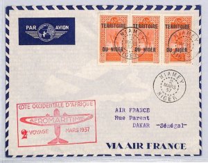 France Cols NIGER Air Mail Cover 2ND FLIGHT SENEGAL Dakar AEROMARITIME 1937 YZ72