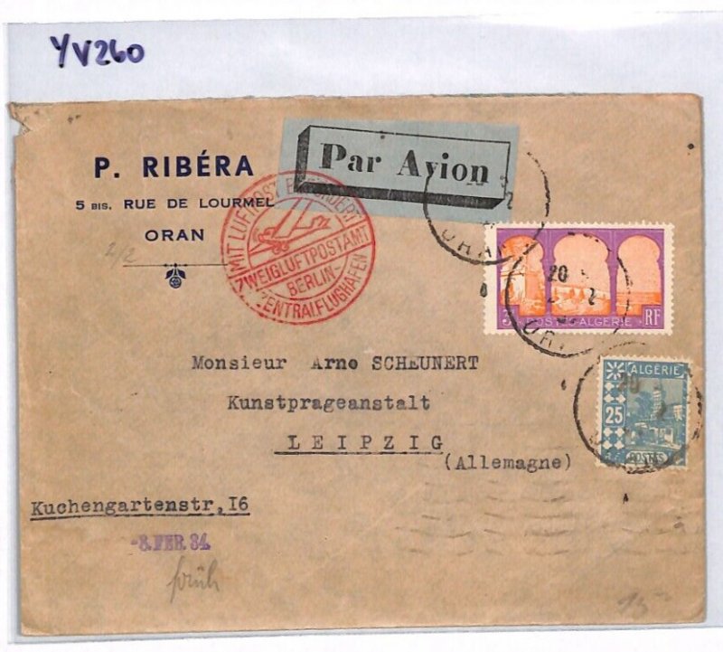 France Cols ALGERIA Cover 1934 *German Air Mail* Oran-Berlin 3f25c Leipzig YV260