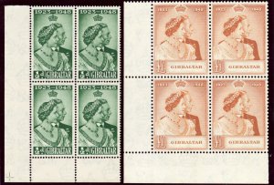 Gibraltar 1948 KGVI Silver Wedding set complete in blocks superb MNH. SG 134-135