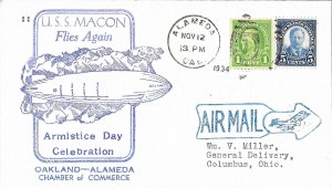 Nov 12 1934 Cover, Armistice Day, USS Macon Flies Again, Alameda CA cancel