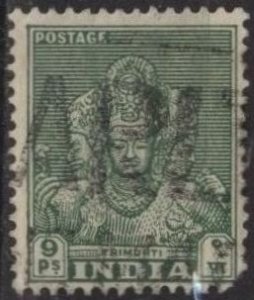 India 209 (used, pulled corner) 9p Trimurti, grn (1949)