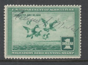 US Sc RW4 used. 1937 $1 Scoup Ducks, Hunting Permit Stamp, light thin