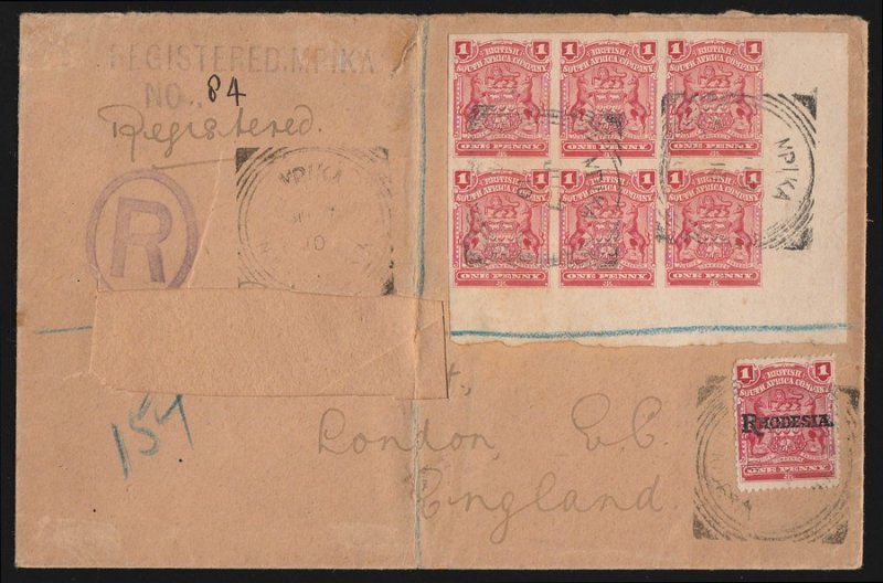 RHODESIA : 1898 Arms 1d red IMPERF block on 1910 Registered cover, UNIQUE!