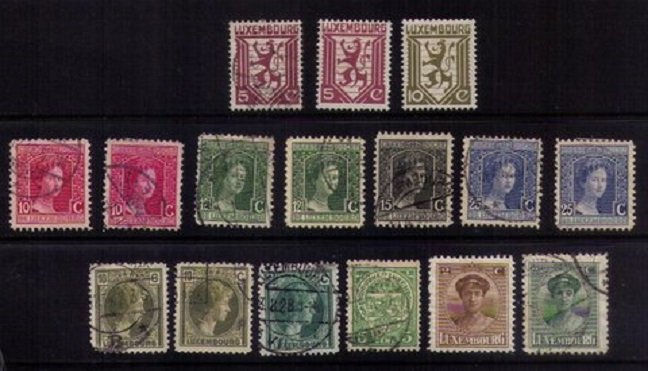 LUXEMBOURG - LOT OF SIXTEEN 1907-1928 EARLY MOSTLY USED A FEW MH F-VF