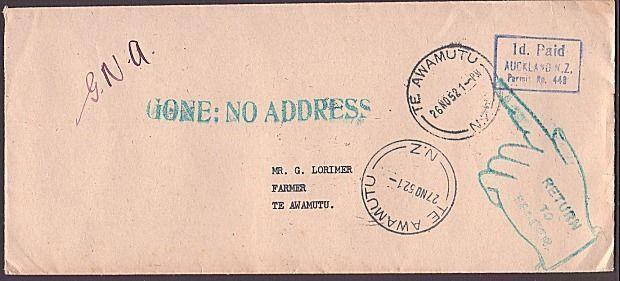 NEW ZEALAND 1952 cover to Te Awamutu : Gone No Address