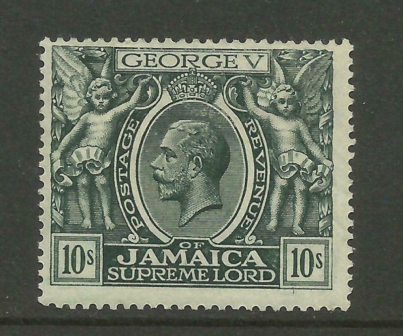 JAMAICA 1921/3  Sg 106, 10/- Myrtle-Green, Av. Mounted Mint with fault. {B9-72}