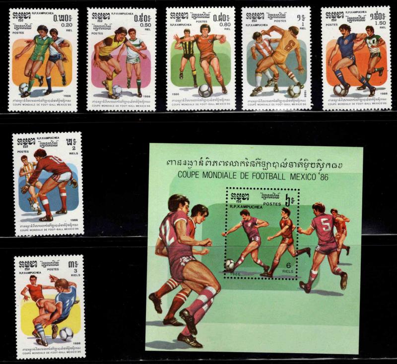 Cambodia Scott 645-652 MNH** 1986 Soccer world cup set and souvenir sheet