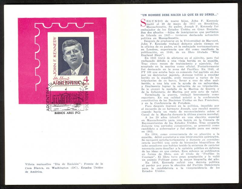 ARGENTINA 1964 JOHN F KENNEDY Issue Sc 760 in Special FDOI Folder