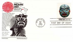 USA 1980 FDC Sc 1834 Northwest Indian Art Masks Aristocrat Cachet Spokane WA