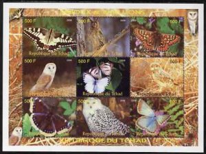 CHAD - 2008 - Butterflies & Owls - Perf 9v Sheet - MNH - Private Issue