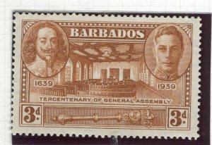 BARBADOS; 1939 early GVI Anniversary issue Mint hinged 3d. value