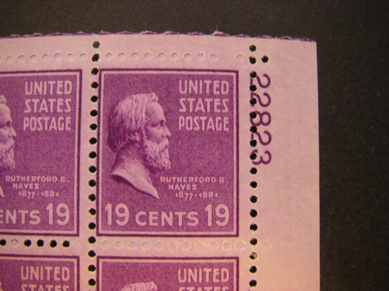 Scott 824, 19c Rutherford Hayes, PB4 #22823 x 4, Matched Set, MNH Prexie Beauty