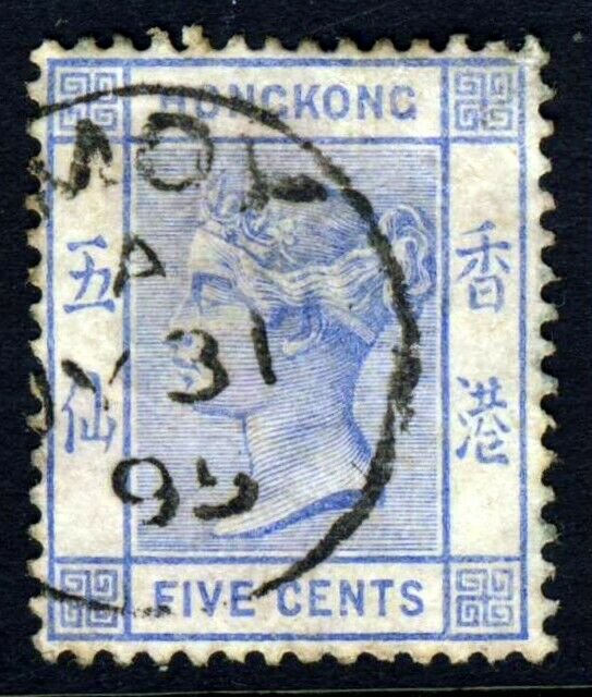 HONG KONG Queen Victoria 1882 5c. Pale Blue Wmk Crown CA SG 35 VFU