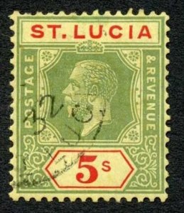 St Lucia SG105 5/- wmk Mult Script CA (Top Value) 1932 CDS Cat 95 pounds