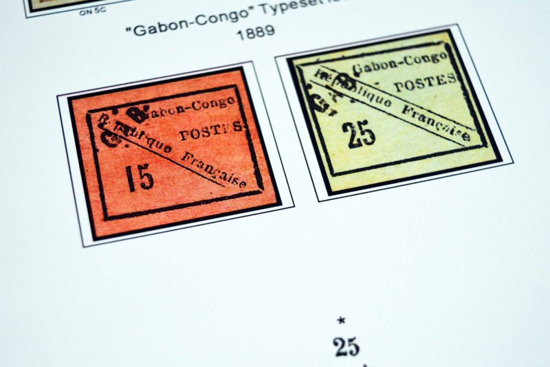 COLOR PRINTED GABON 1886-1933  STAMP ALBUM PAGES (14 illustrated pages)