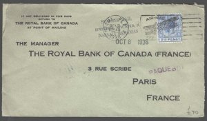 Bahamas 1936 Opened for display cover to Paris franked 2½d. Seapost to Miami,