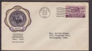 1936 Arkansas Centennial 100 yrs Sc 782-15 F. R. Rice cachet, neat typed address