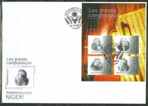 NIGER 2013 GREAT COMPOSERS SHEET OF FOUR STAMPS HAYDN BACH SCHUMANN MOZART FDC