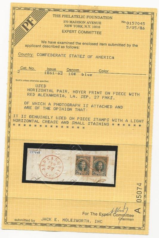 CSA Scott #2 H&L Pos1-2 Used Pair of Confederate Stamps on Piece Red CDS PF Cert