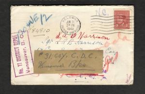 1943 Canada Kelowna to Canadian Army Overseas many redirections #251 hand stamps