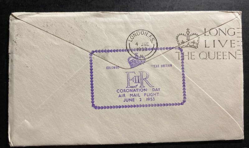 1953 Colombo Ceylon Cover FDC Queen Elizabeth II Coronation To London UK B