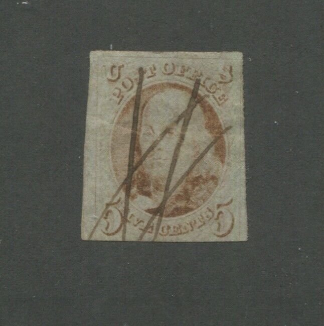 1847 United States Postage Stamp #1 Used Pen Cancel faded