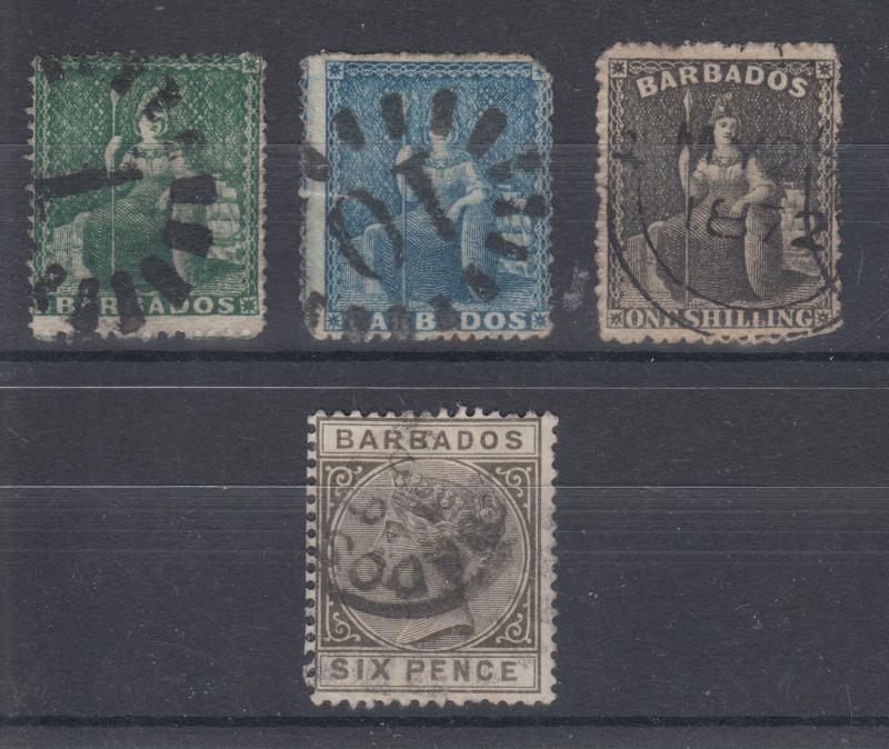 Barbados Sc 13/66 used 1861-1882 issues, 4 diff F-VF appearing 