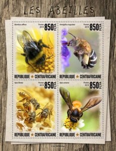 Central Africa - 2019 Bees on Stamps - 4 Stamp Sheet - CA190804a