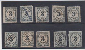 1873 Used Scott # O49 Post Office Department Official 3c 10 Different Pen Cancel