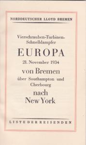 Germany 1934 Pamphlet Passenger List for the Nord Lloyd Bremen Ship Europa XF