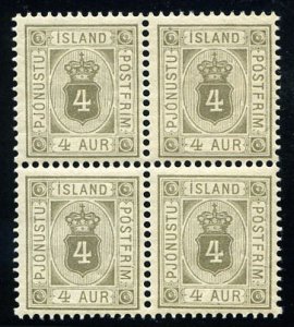 Iceland #O11 Cat$160+ (for singles), 1901 4a gray, block of four, hinged