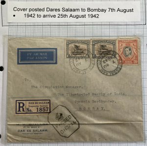 1942 Dar Es Salaam Tanganyika Airmail Mixed Franking Cover To Bombay India