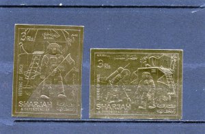 SHARJAH 1970 SPACE RESEARCH SET OF 2 STAMPS IMPERF. ON GOLD FOIL MNH