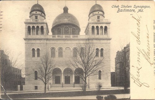 used postcard: Oheb Sholem Synagogue, Baltimore, 1911