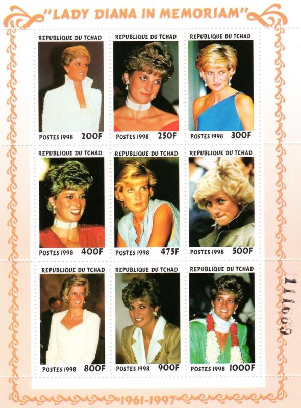 Chad 1999  Sc#774  Diana Princess of Wales Sheetlet (9) Perforated MNH