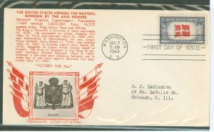 US 920 1943 5c Flag of Denmark (part of the overrun nations series) on an addressed FDC with a Crosby cachet