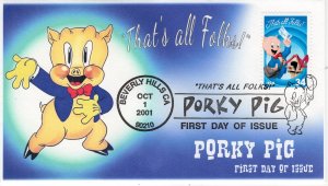 AO-3534-4, 2001, Porky Pig, First Day Cover, Add-on Cachet, Looney Tunes, Pictor